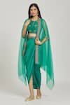 Samyukta Singhania_Green Crop Top Raw Silk Embroidery Zardozi And Damask Draped Skirt Cape Set _at_Aza_Fashions