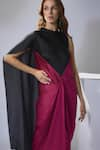 NA-KA_Black Satin Solid Round Neck Draped Color Block Gown _Online_at_Aza_Fashions