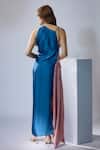 Shop_Na-Ka_Blue Satin Solid Cowl Boat Neck Handkerchief Hem Color Block Dress _at_Aza_Fashions