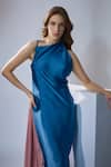 Na-Ka_Blue Satin Solid Cowl Boat Neck Handkerchief Hem Color Block Dress _Online_at_Aza_Fashions