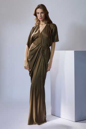 Buy_NA-KA_Green Satin V-neck Solid Draped Gown _at_Aza_Fashions