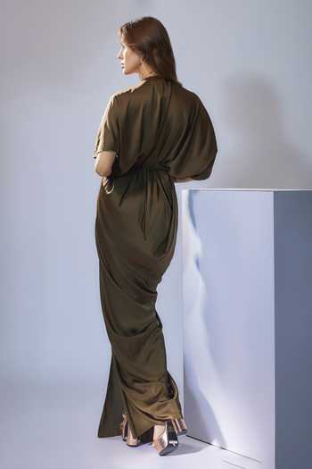 Shop_NA-KA_Green Satin V-neck Solid Draped Gown _at_Aza_Fashions