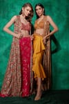 Shop_Saaj by Ankita_Yellow Satin Embroidery Thread Blouse Floral Sequin And Work & Draped Skirt Set _at_Aza_Fashions