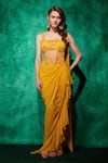 Buy_Saaj by Ankita_Yellow Georgette Embroidery Beads Square Neck Wildfloral Saree Gown _at_Aza_Fashions