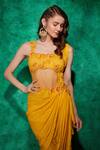 Buy_Saaj by Ankita_Yellow Georgette Embroidery Beads Square Neck Wildfloral Ruffle Saree Gown _Online_at_Aza_Fashions