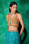 Shop_Saaj by Ankita_Blue Jacket Matka Silk Embroidery 3d Floral Boxy With Thigh Slit Lehenga _Online_at_Aza_Fashions