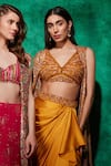 Saaj by Ankita_Yellow Satin Embroidery Thread Blouse Floral Sequin And Work & Draped Skirt Set _Online_at_Aza_Fashions