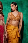 Shop_Saaj by Ankita_Yellow Satin Embroidery Thread Blouse Floral Sequin And Work & Draped Skirt Set _Online_at_Aza_Fashions