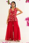 Buy_Avaha_Red Georgette Printed Floral Raga Janani Peplum Top And Sharara Set _at_Aza_Fashions