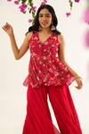 Avaha_Red Georgette Printed Floral Raga Janani Peplum Top And Sharara Set _Online_at_Aza_Fashions