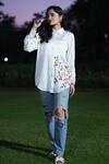 Kyra By Nina + Deepika_White Modal, Satin Collared Apple Blossoms Hand Painted Shirt _at_Aza_Fashions