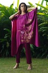 Shop_Kyra By Nina + Deepika_Fuchsia Modal Satin Hand Painted Bird Bamboo Serenity Top And Pant Set  _at_Aza_Fashions