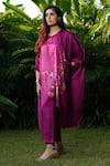 Kyra By Nina + Deepika_Fuchsia Modal Satin Hand Painted Bird Bamboo Serenity Top And Pant Set  _Online_at_Aza_Fashions