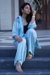Shop_Kyra By Nina + Deepika_Blue Modal Satin Hand Painted Hydrangeas Pretty Shirt And Pant Set _at_Aza_Fashions