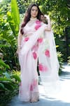 Shop_Kyra By Nina + Deepika_White Silk Organza Handpainted Saree With Unstitched Blouse  _at_Aza_Fashions