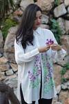 Kyra By Nina + Deepika_White Modal Satin Shirt Collar Floral Handpainted  _Online_at_Aza_Fashions