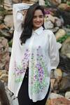 Shop_Kyra By Nina + Deepika_White Modal Satin Shirt Collar Floral Handpainted  _Online_at_Aza_Fashions