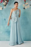 Buy_Siyona By Ankurita_Blue Semi Raw Silk Embroidered Sequin One-shoulder Jumpsuit With Belt _at_Aza_Fashions