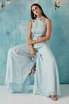 Shop Siyona By Ankurita Blue Semi Raw Silk Embroidered Sequin Halter Blouse And Pant Set Online at Aza Fashions Shop_Siyona By Ankurita_Blue Semi Raw Silk Embroidered Sequin Halter Blouse And Pant Set _Online_at_Aza_Fashions