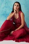 Siyona By Ankurita_Red Silk, Chiffon Sequins Asymmetric Embroidered Cape And Layered Sharara Set _at_Aza_Fashions