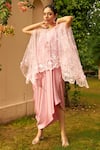 Buy_Tasuvure_Pink Satin Silk Embroidered Floral Cape Sheer With Asymmetric Dress  _at_Aza_Fashions