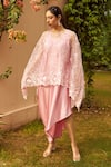 Tasuvure_Pink Satin Silk Embroidered Floral Cape Sheer With Asymmetric Dress  _Online_at_Aza_Fashions