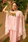 Buy_Tasuvure_Pink Satin Silk Embroidered Floral Cape Sheer With Asymmetric Dress  