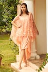 Buy_Tasuvure_Peach Satin Silk Embroidered Floral Cape Thread With Plain Dress  _at_Aza_Fashions