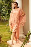 Tasuvure_Peach Satin Silk Embroidered Floral Cape Thread With Plain Dress  _Online_at_Aza_Fashions