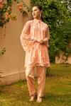 Buy Tasuvure Indes Peach Satin, Net, Silk Applique, Floral Thread Embroidered Tunic With Pant at Aza Fashions Buy_Tasuvure Indes_Peach Satin, Net, Silk Applique, Floral Thread Embroidered Tunic With Pant _at_Aza_Fashions