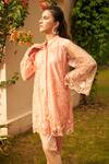Shop Tasuvure Indes Peach Satin, Net, Silk Applique, Floral Thread Embroidered Tunic With Pant Online at Aza Fashions Shop_Tasuvure Indes_Peach Satin, Net, Silk Applique, Floral Thread Embroidered Tunic With Pant _Online_at_Aza_Fashions