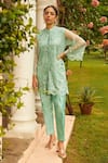 Buy Tasuvure Indes Green Satin, Silk, Net Applique, Pearls Floral Embroidered Tunic And Pant Set at Aza Fashions Buy_Tasuvure Indes_Green Satin, Silk, Net Applique, Pearls Floral Embroidered Tunic And Pant Set_at_Aza_Fashions