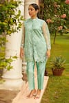 Shop Tasuvure Indes Green Satin, Silk, Net Applique, Pearls Floral Embroidered Tunic And Pant Set at Aza Fashions Shop_Tasuvure Indes_Green Satin, Silk, Net Applique, Pearls Floral Embroidered Tunic And Pant Set_at_Aza_Fashions
