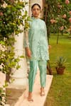 Tasuvure Indes Green Satin, Silk, Net Applique, Pearls Floral Embroidered Tunic And Pant Set Online at Aza Fashions Tasuvure Indes_Green Satin, Silk, Net Applique, Pearls Floral Embroidered Tunic And Pant Set_Online_at_Aza_Fashions