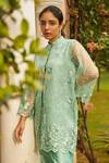 Tasuvure Indes Green Satin, Silk, Net Applique, Pearls Floral Embroidered Tunic And Pant Set at Aza Fashions Tasuvure Indes_Green Satin, Silk, Net Applique, Pearls Floral Embroidered Tunic And Pant Set_at_Aza_Fashions