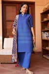 Tasuvure Indes_Blue Pleated Polyester Bandhani Mandarin Myra Kurta Set With Dupatta  _Online_at_Aza_Fashions