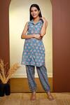 Buy_Pheeta_Blue Cotton Floral Patterns Notched Collar Kurta And Patiala Pant Set _at_Aza_Fashions