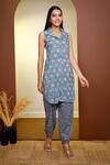 Pheeta_Blue Cotton Floral Patterns Notched Collar Kurta And Patiala Pant Set _Online_at_Aza_Fashions