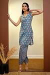 Shop_Pheeta_Blue Cotton Floral Patterns Notched Collar Kurta And Patiala Pant Set _Online_at_Aza_Fashions