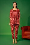 Pheeta_Red Cotton Hand Printed Floral Patterns U Neck Gathered Top And Pant Set _Online_at_Aza_Fashions