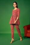 Buy_Pheeta_Red Cotton Hand Printed Floral Patterns U Neck Gathered Top And Pant Set _Online_at_Aza_Fashions