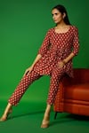 Shop_Pheeta_Red Cotton Hand Printed Floral Patterns U Neck Gathered Top And Pant Set _Online_at_Aza_Fashions