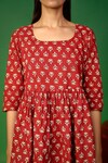 Pheeta_Red Cotton Hand Printed Floral Patterns U Neck Gathered Top And Pant Set _at_Aza_Fashions