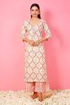 Buy_Pheeta_Cream Cotton Hand Printed And Embellished Ogee Floral Kurta & Pant Set _at_Aza_Fashions