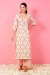 Pheeta_Cream Cotton Hand Printed And Embellished Ogee Floral Kurta & Pant Set _Online_at_Aza_Fashions