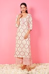 Pheeta_Cream Cotton Hand Printed And Embellished Ogee Floral Kurta & Pant Set _at_Aza_Fashions