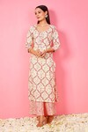 Buy_Pheeta_Cream Cotton Hand Printed And Embellished Ogee Floral Kurta & Pant Set 