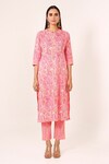 Pheeta_Peach Cotton Hand Printed And Embellished Botanical Kurta & Pant Set _Online_at_Aza_Fashions