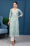 Buy_Pheeta_Green Cotton Hand Printed And Embellished Floret Kurta & Pant Set _at_Aza_Fashions