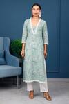 Pheeta_Green Cotton Hand Printed And Embellished Floret Kurta & Pant Set _Online_at_Aza_Fashions